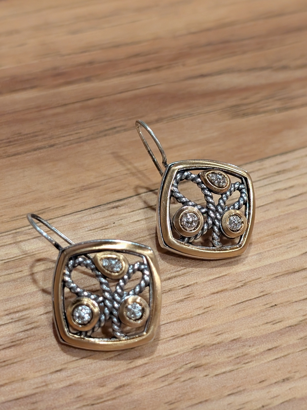 Source Unknown Gold and Silver Rope Motif Drop Earrings with Clear Stones